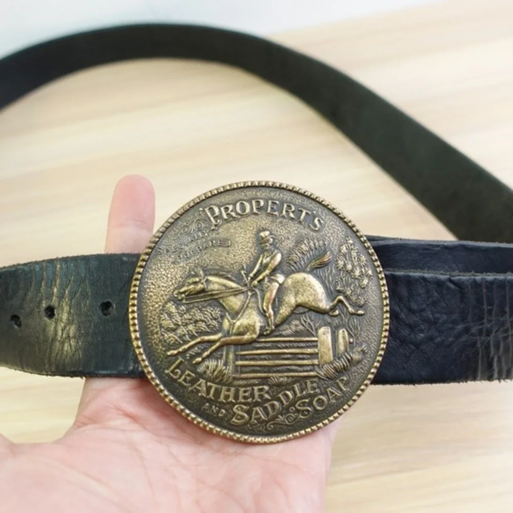 VTG Western Heavy Rodeo Belt Mens 46 Black PROPERTS LEATHER SADDLE‎ SOAP Buckle